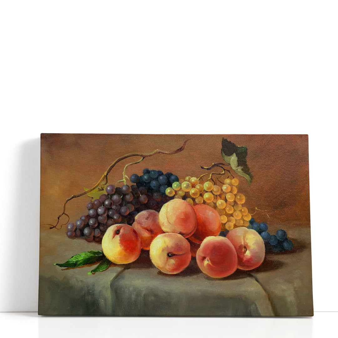 Ripe Juicy Peaches and Grapes on the Table Oil Painting Print - Canvas Print Wall Art