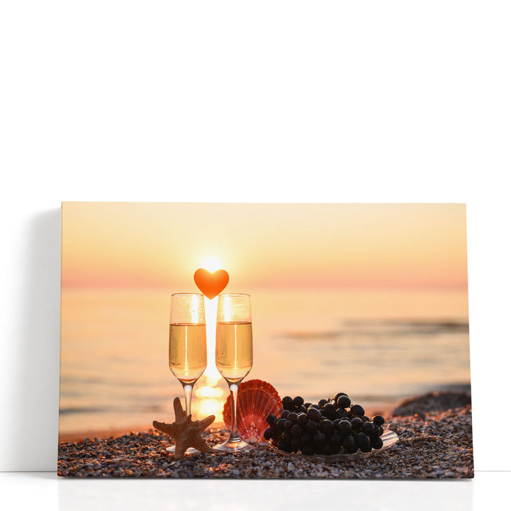 Romantic Atmosphere at Sunset By The Sea, Grapes, Wine and a Heart - Canvas Print Wall Art