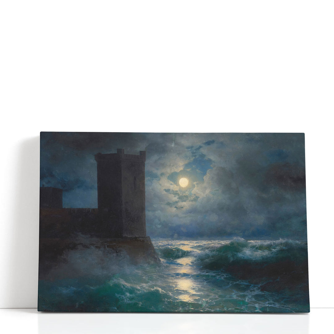 tower silhouette over moonlit ocean waves