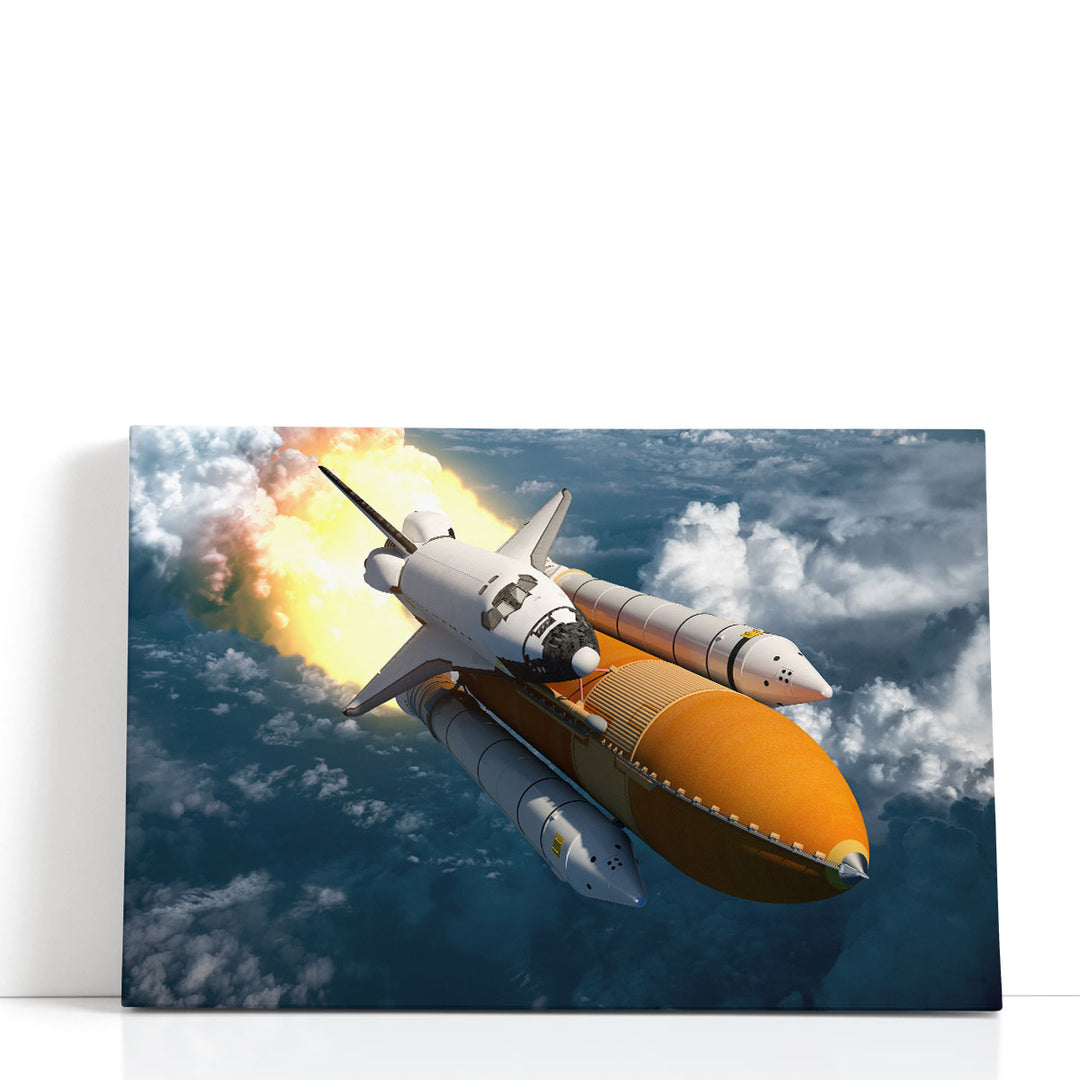 Space Shuttle Flying Over The Clouds - Canvas Print Wall Art