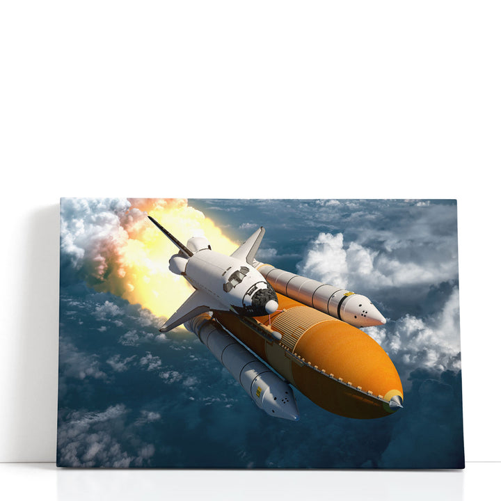 Space Shuttle Flying Over The Clouds - Canvas Print Wall Art