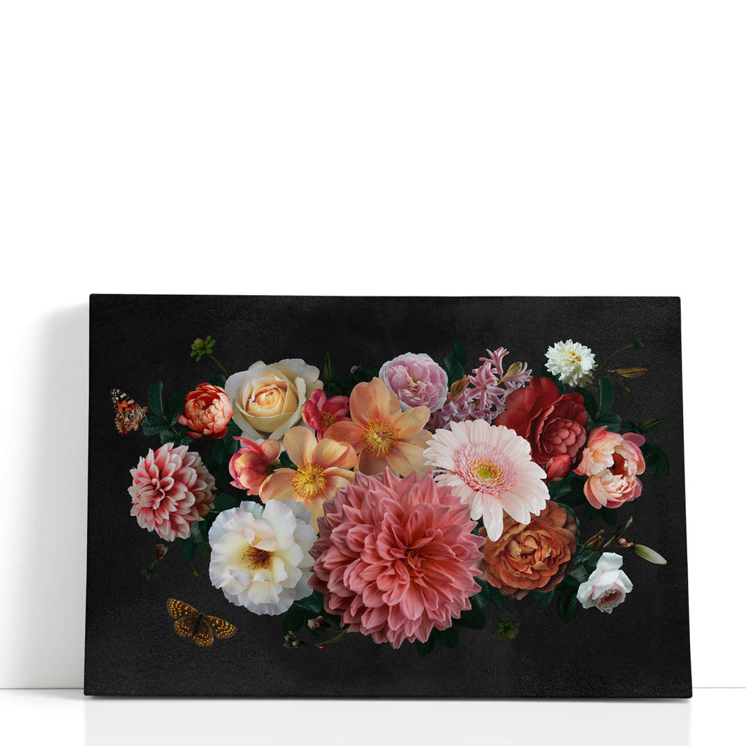 Beautiful Colorful Peonies, Roses, Leaves and Butterfly - Canvas Print Wall Art