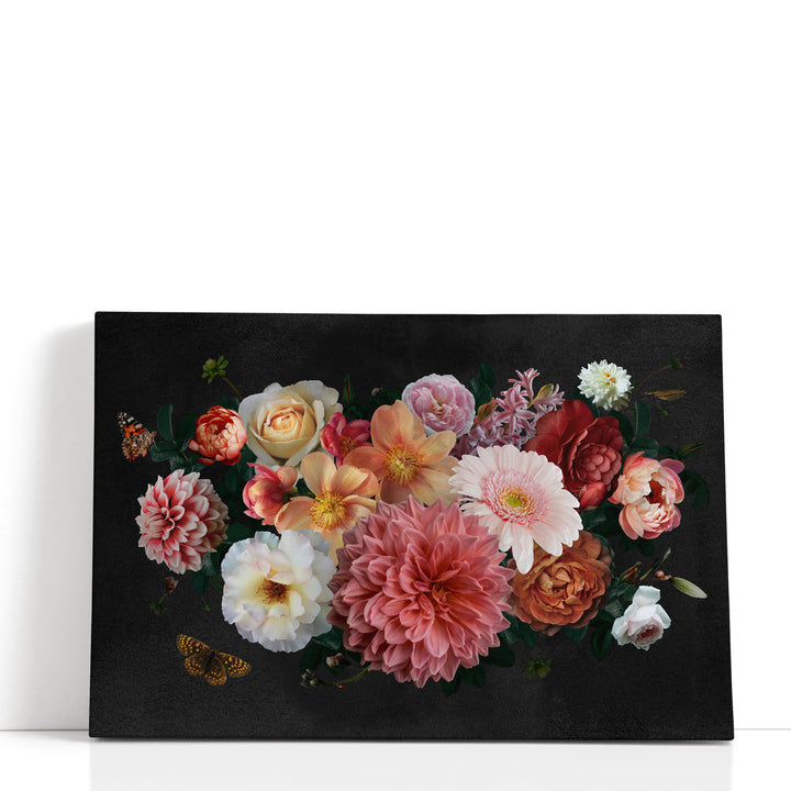 Beautiful Colorful Peonies, Roses, Leaves and Butterfly - Canvas Print Wall Art