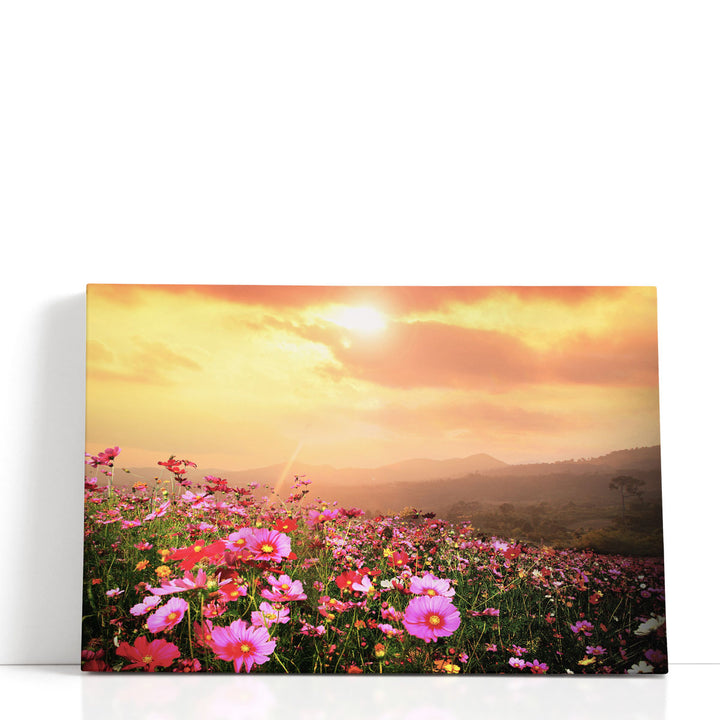 Mountain landscape photo print, flower-filled hillside view