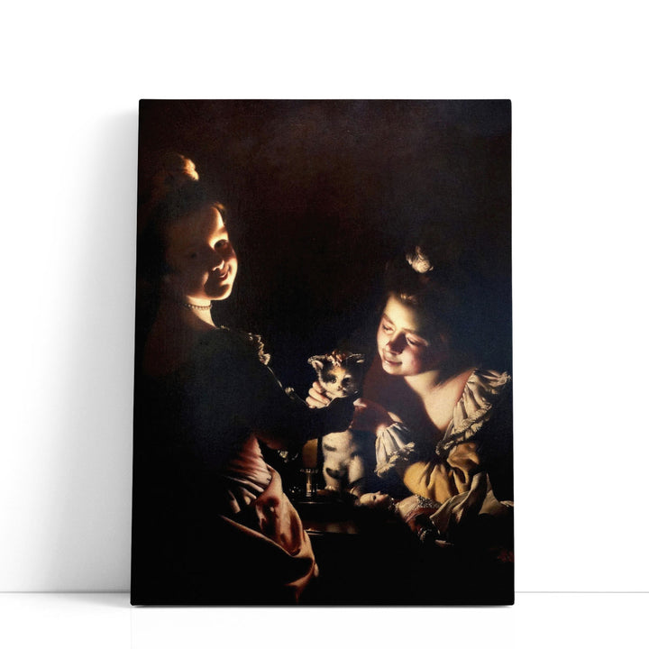 Two Girls Dressing a Kitten by Candlelight - Canvas Print Wall Art