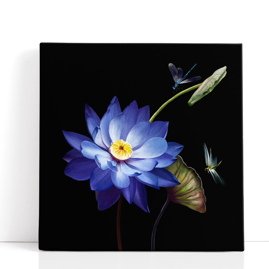 Blue Lotus Flower Close-up With Dradonflies - Canvas Print Wall Art