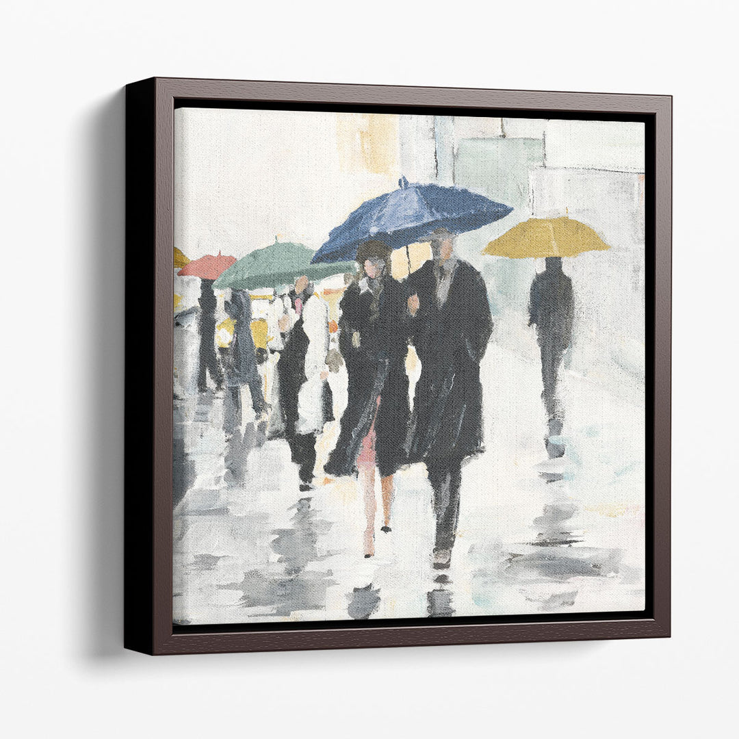 Abstract Love Canvas Art – figures walking under rain in neutral tones