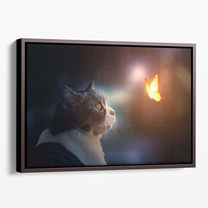 A Cat Looking At A Fantastic Light Butterfly - Canvas Print Wall Art