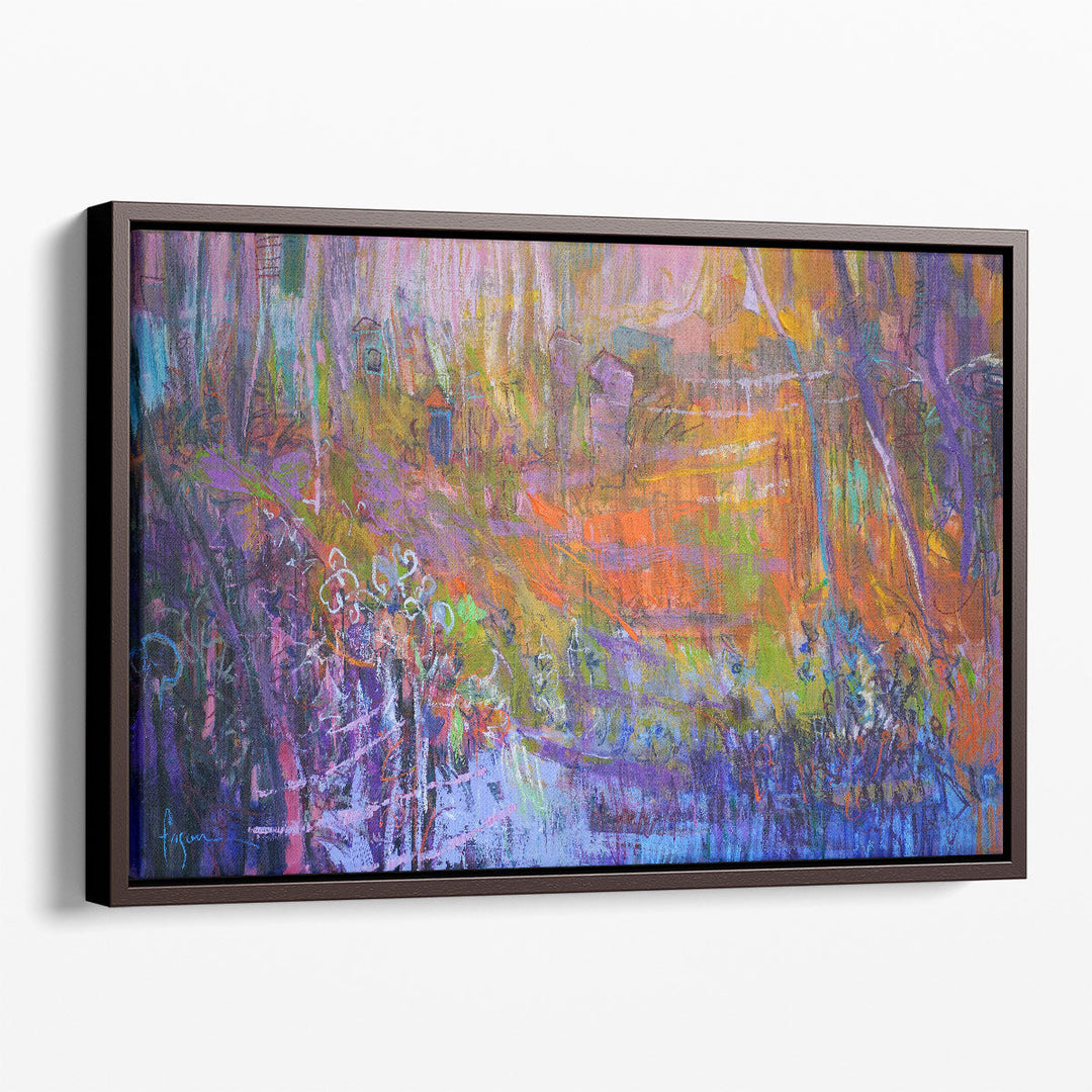 Textured canvas prints in violet, green, and orange