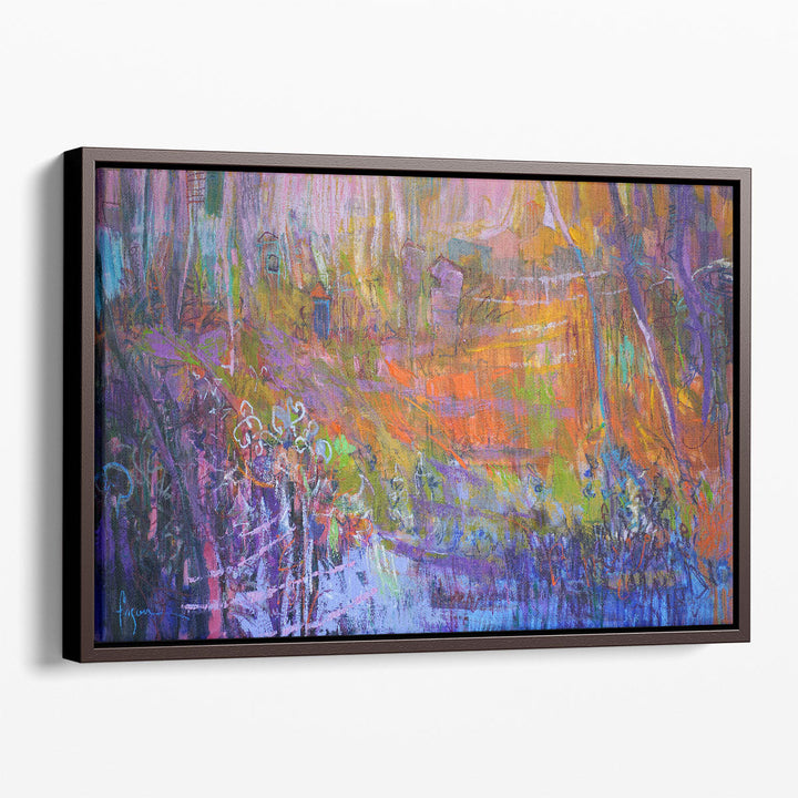 Textured canvas prints in violet, green, and orange