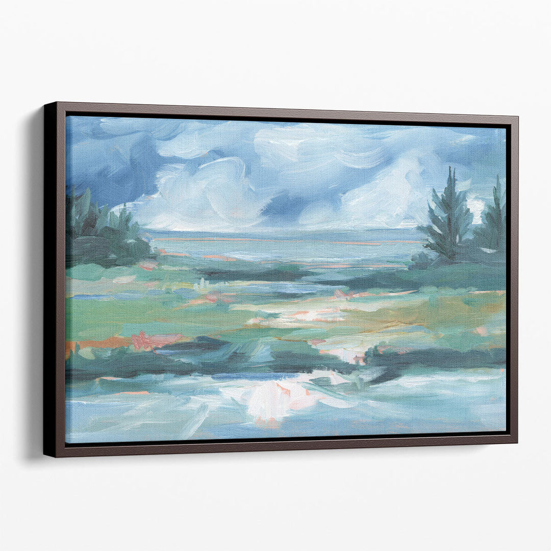 Green landscape canvas art with calm water scene