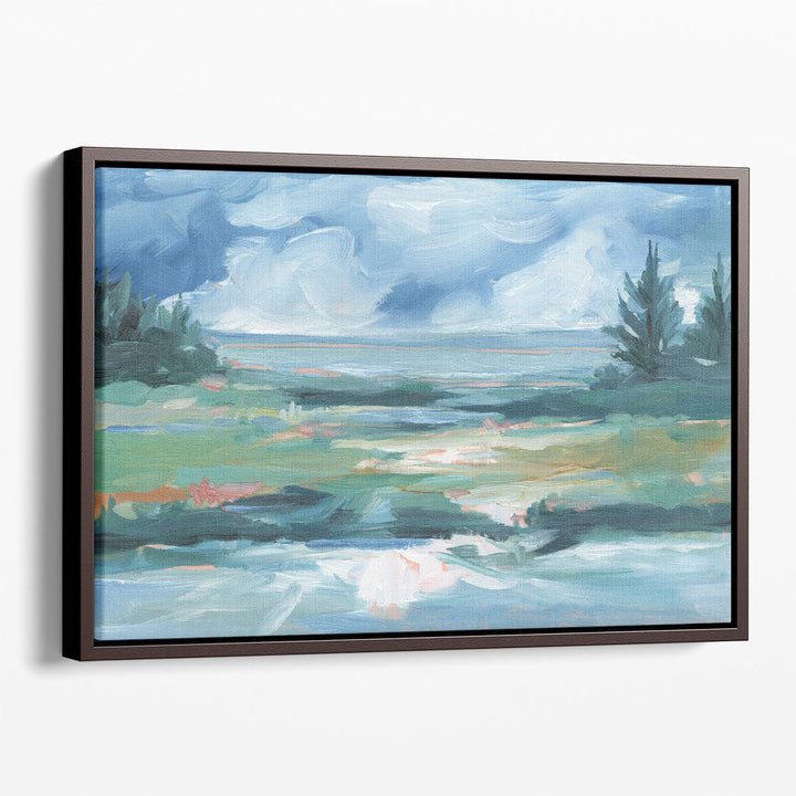 Green landscape canvas art with calm water scene