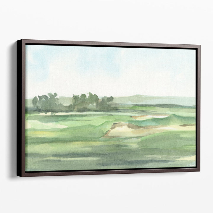 Green abstract artwork with blue sky