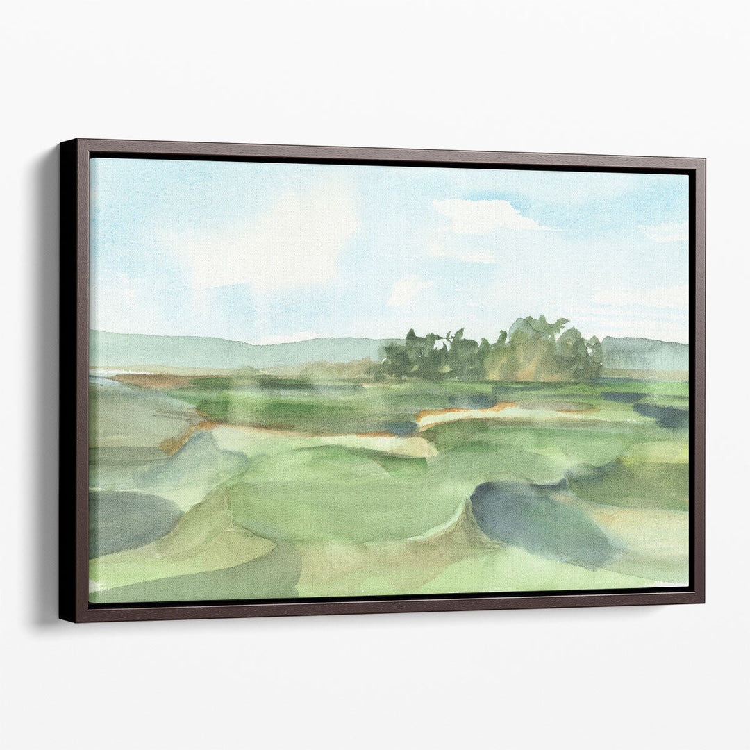 Green abstract wall decor with blue sky