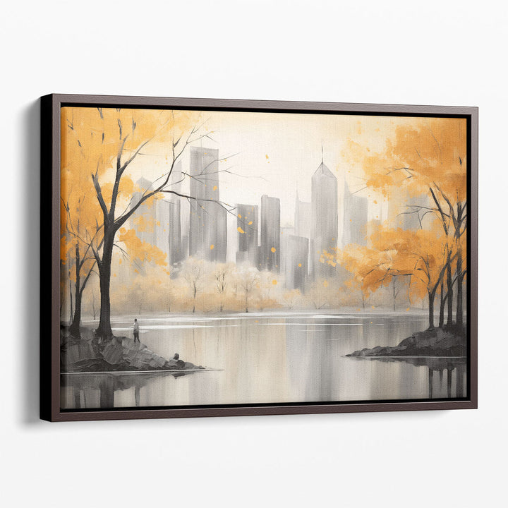 Scenic cityscape canvas with lake view