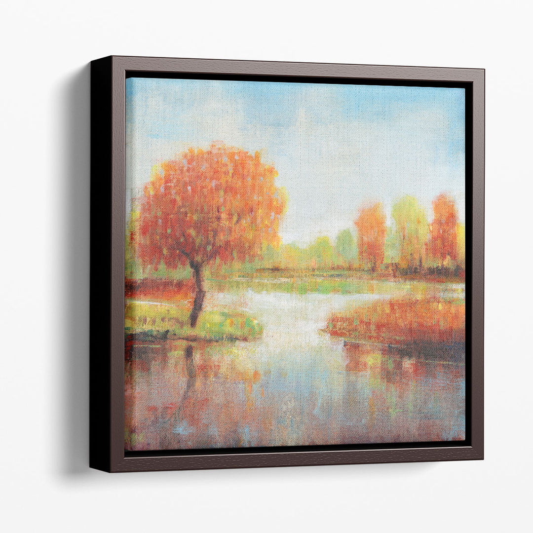 Orange tree wall painting with lake and soft sky