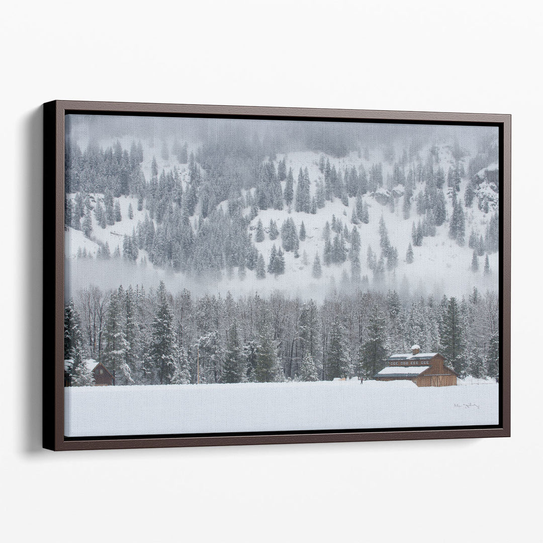 Pine tree wall art with serene snowy backdrop