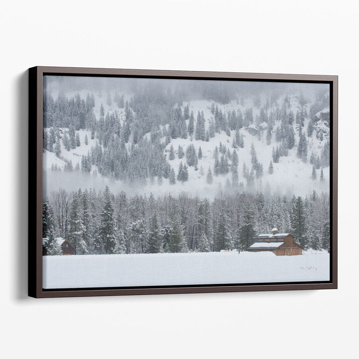 Pine tree wall art with serene snowy backdrop