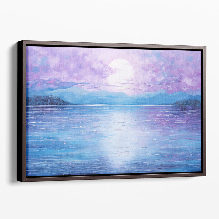 Abstract moon canvas painting with cool purple and blue tones