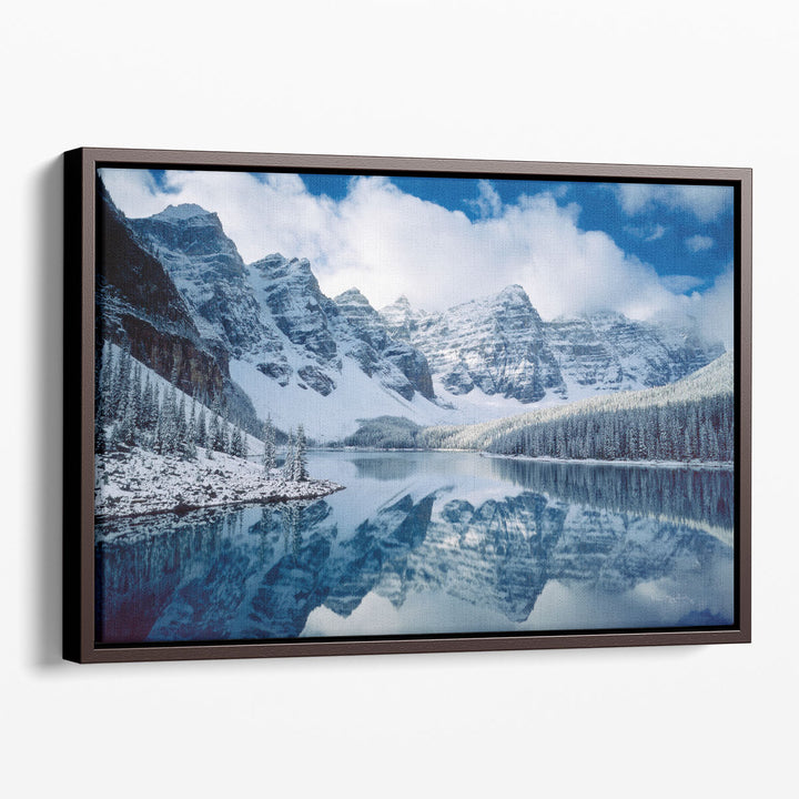 Mountain photography art print blue lake and peaks