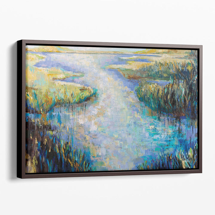 Abstract canvas art with fluid greenery