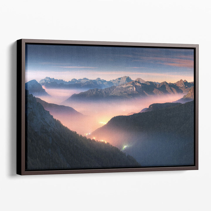 First Rays on Misty Mountains in Dolomites, Italy - Canvas Print Wall Art