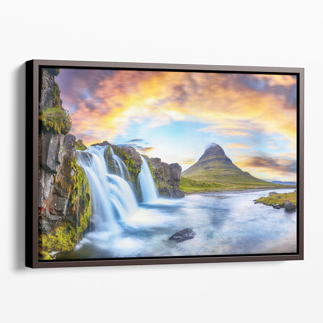 Kirkjufellsfoss Waterfall At Sunset in Iceland - Canvas Print Wall Art