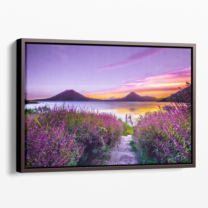 Floral landscape canvas art with lavender fields and lake