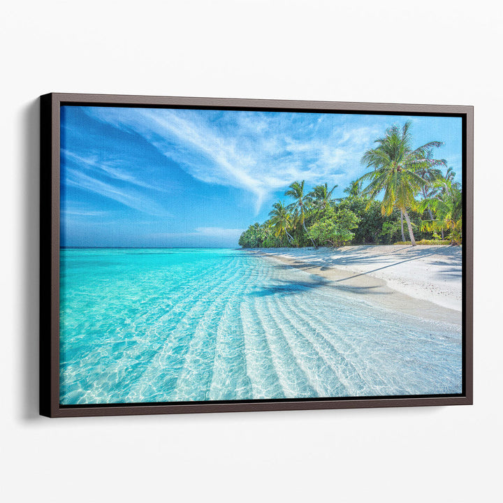 Tropical beach art print with palm trees and sand