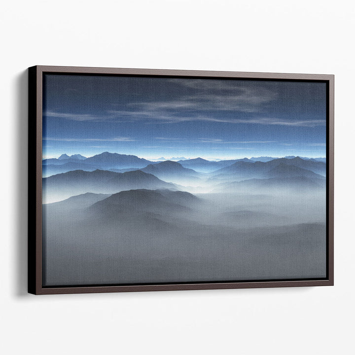 Blue scenic wall art with tranquil mountain scene