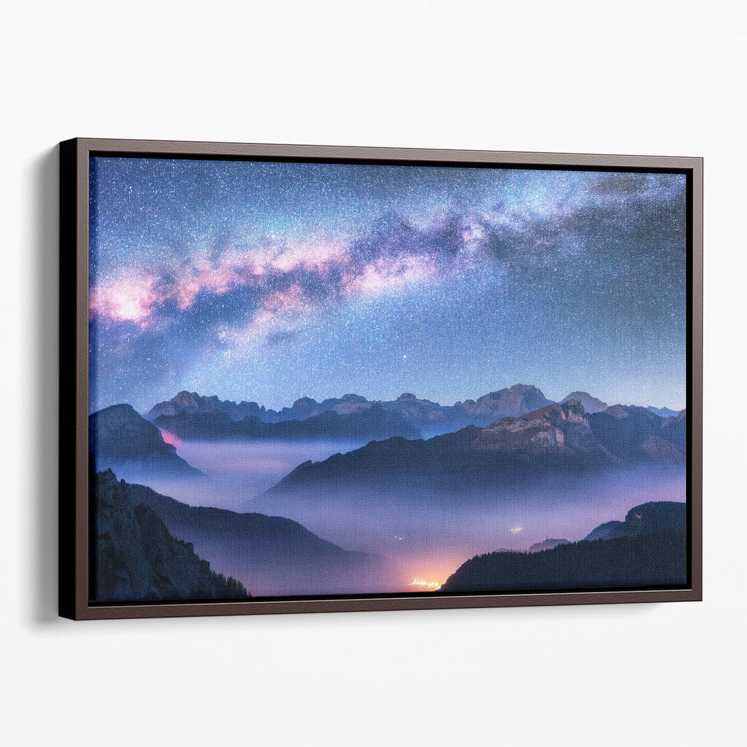 Blue scenic wall art with mountain landscape