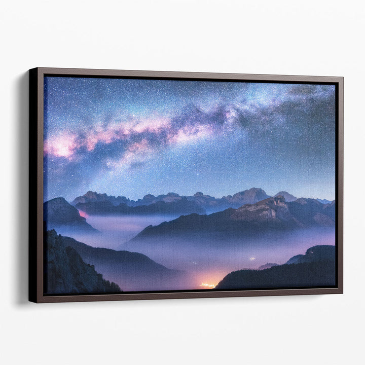 Blue scenic wall art with mountain landscape