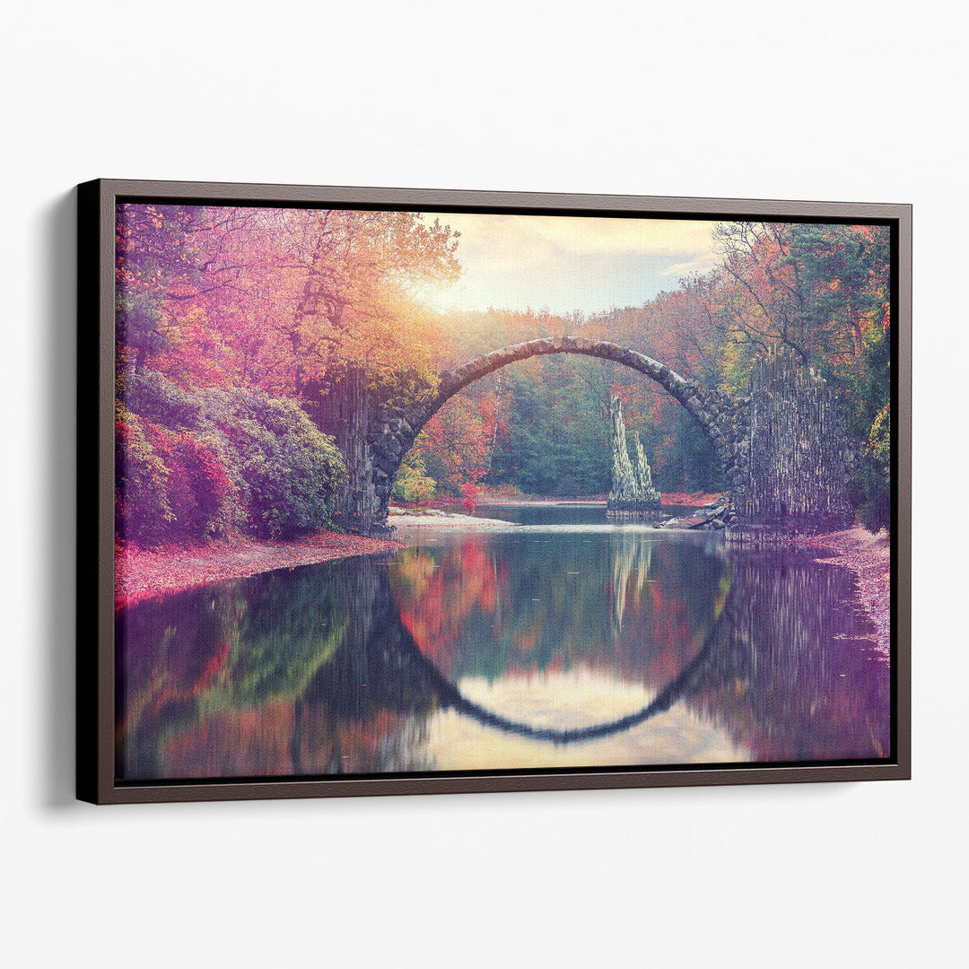 Lake photography canvas prints with bridge in fall