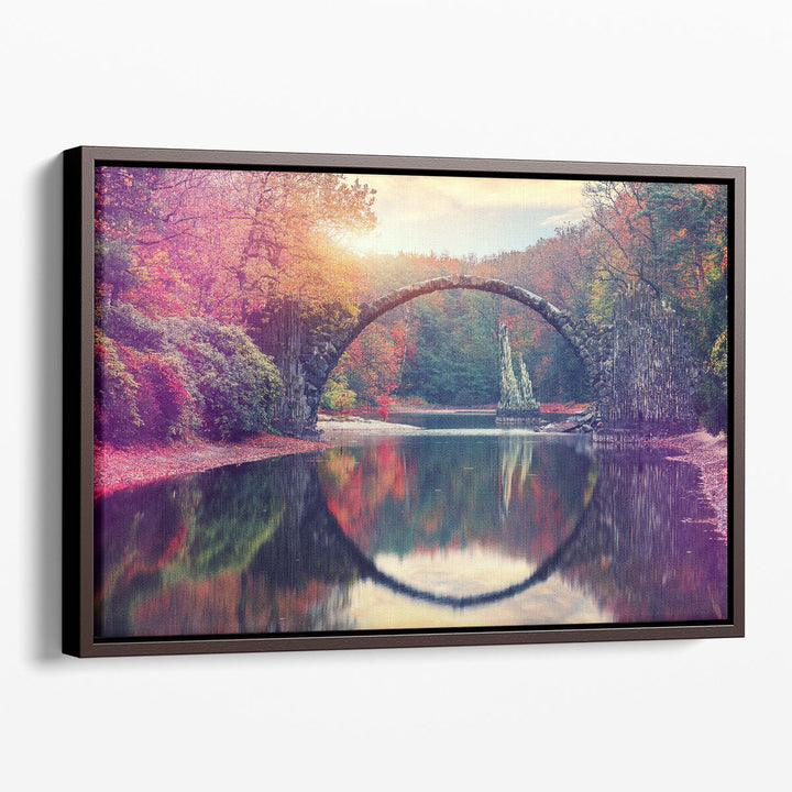 Lake photography canvas prints with bridge in fall