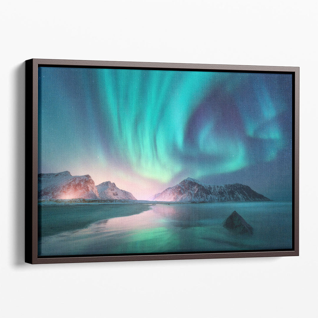 Winter Landscape With Aurora Borealis, Lofoten Islands - Canvas Print Wall Art