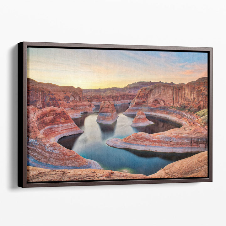 Canyon photography print with sunrise over water