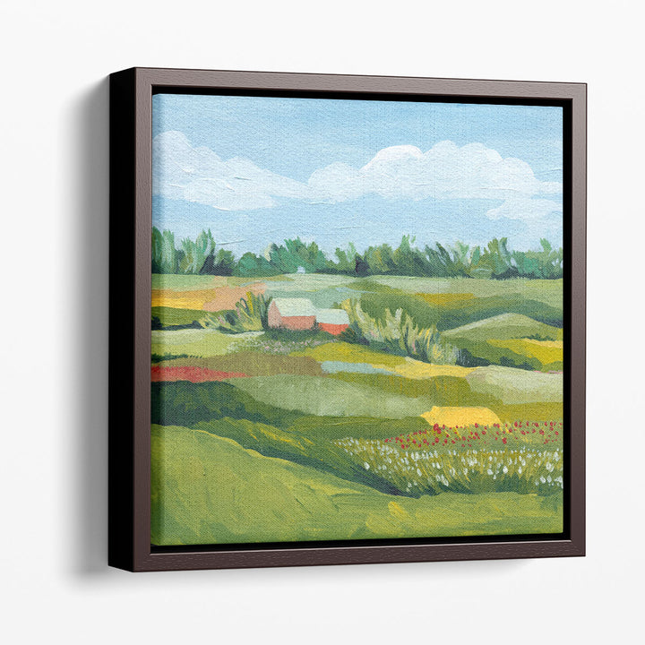 Farm wall art with rustic hut and grassy meadow