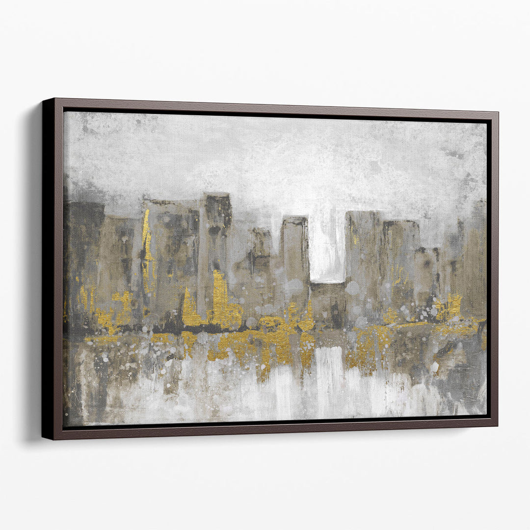 Grey abstract art featuring modern buildings