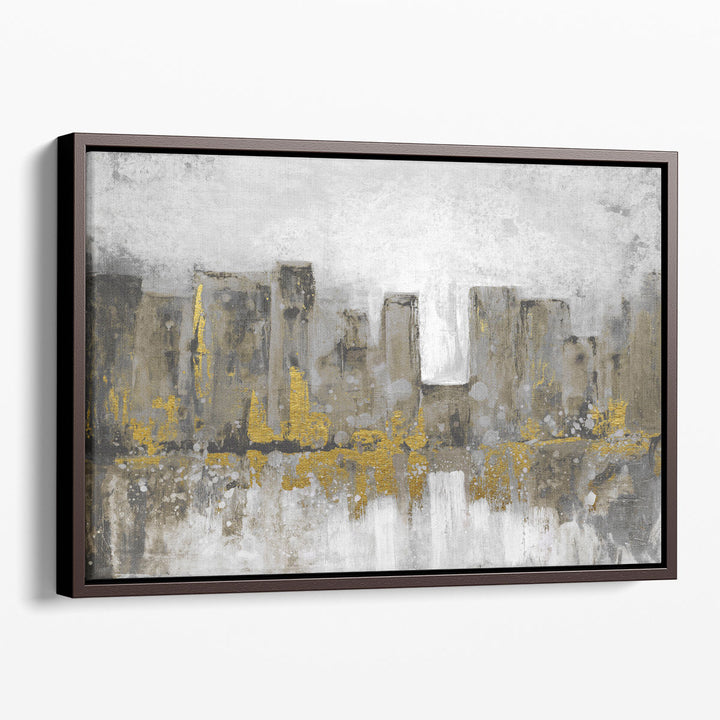 Grey abstract art featuring modern buildings