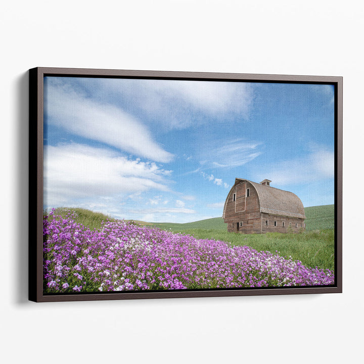 Purple flower canvas with rustic landscape