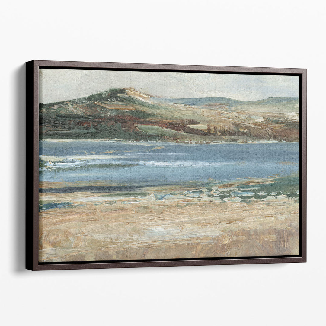 Coastal hillside painting with muted beige tones