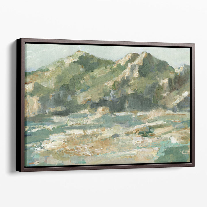 Mountain wall decor with soft green and neutral tones