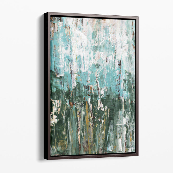 Abstract hallway artwork in soft neutral tones