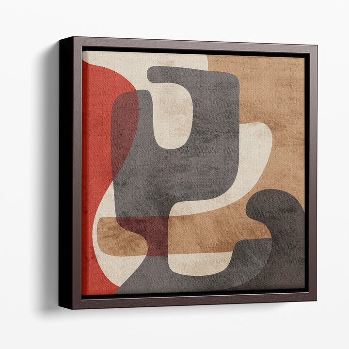 Brown wall art with red and neutral blocks