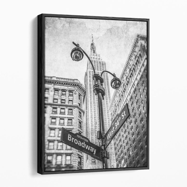 Street Lamp And Signs With Empire State Building, New York 1 Black And White - Canvas Print Wall Art