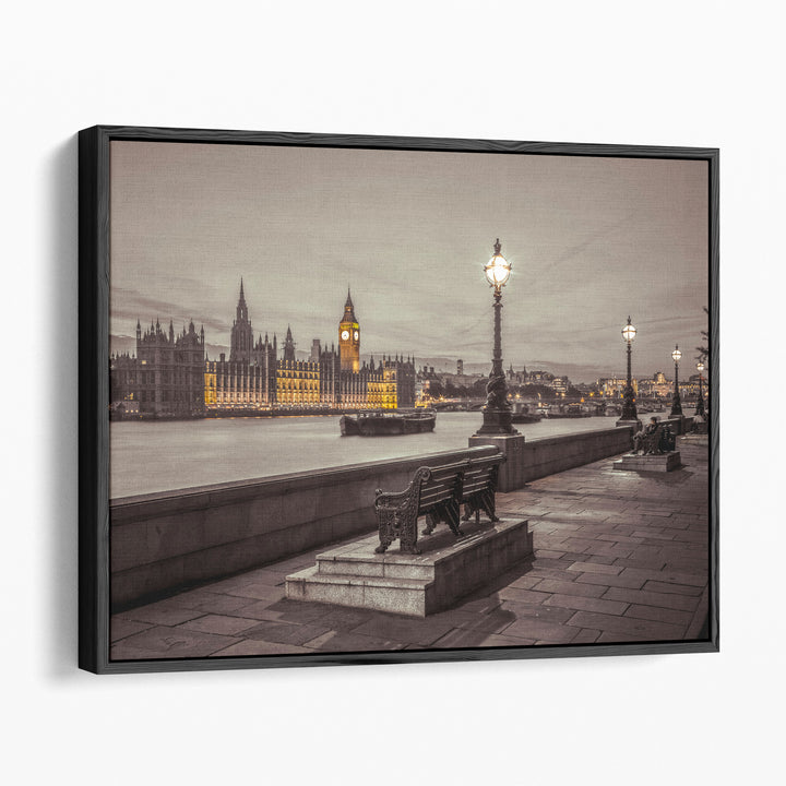 Benches By The Walkway Next To The River Thames, London - Canvas Print Wall Art