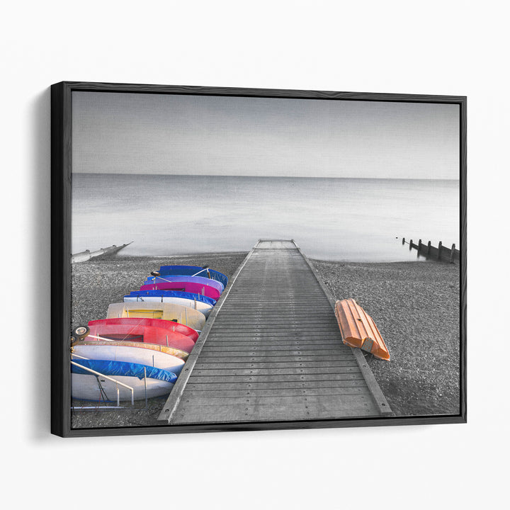 Kayaks On The Side Of Pier - Canvas Print Wall Art