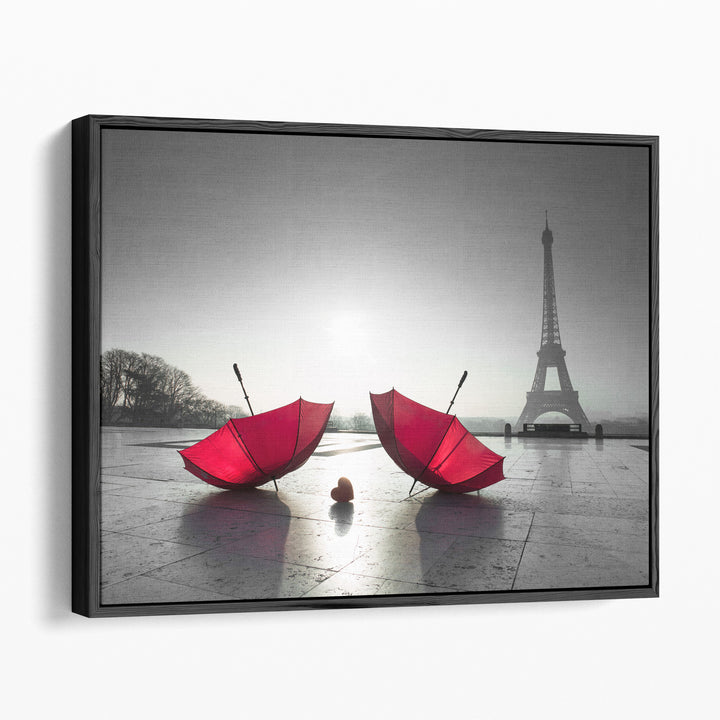 Two Umbrellas next to the Eiffel Tower - Canvas Print Wall Art