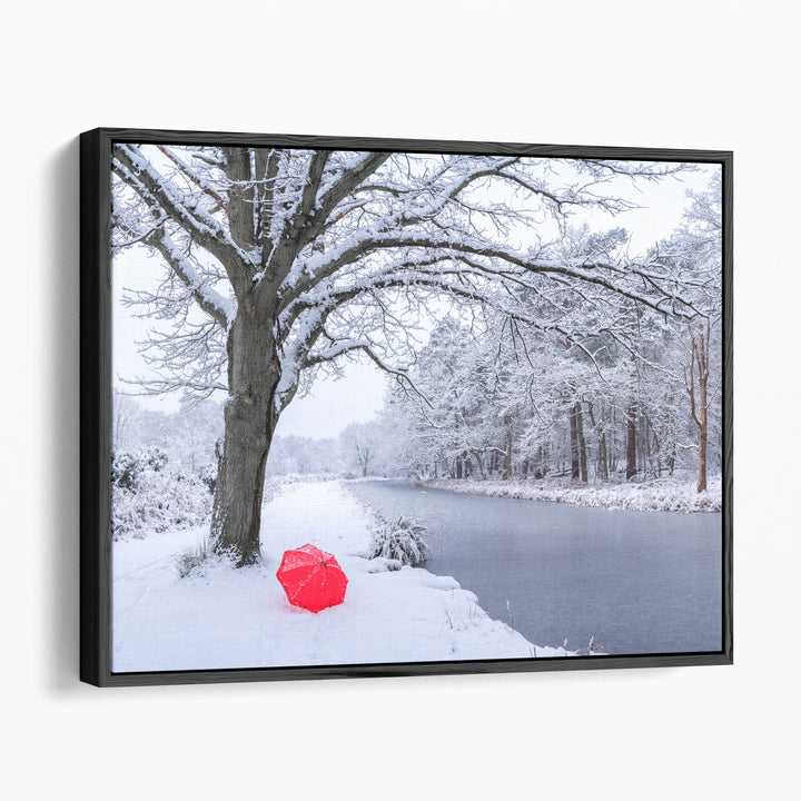 Umbrella by a Canal with Snow Covered Trees - Canvas Print Wall Art