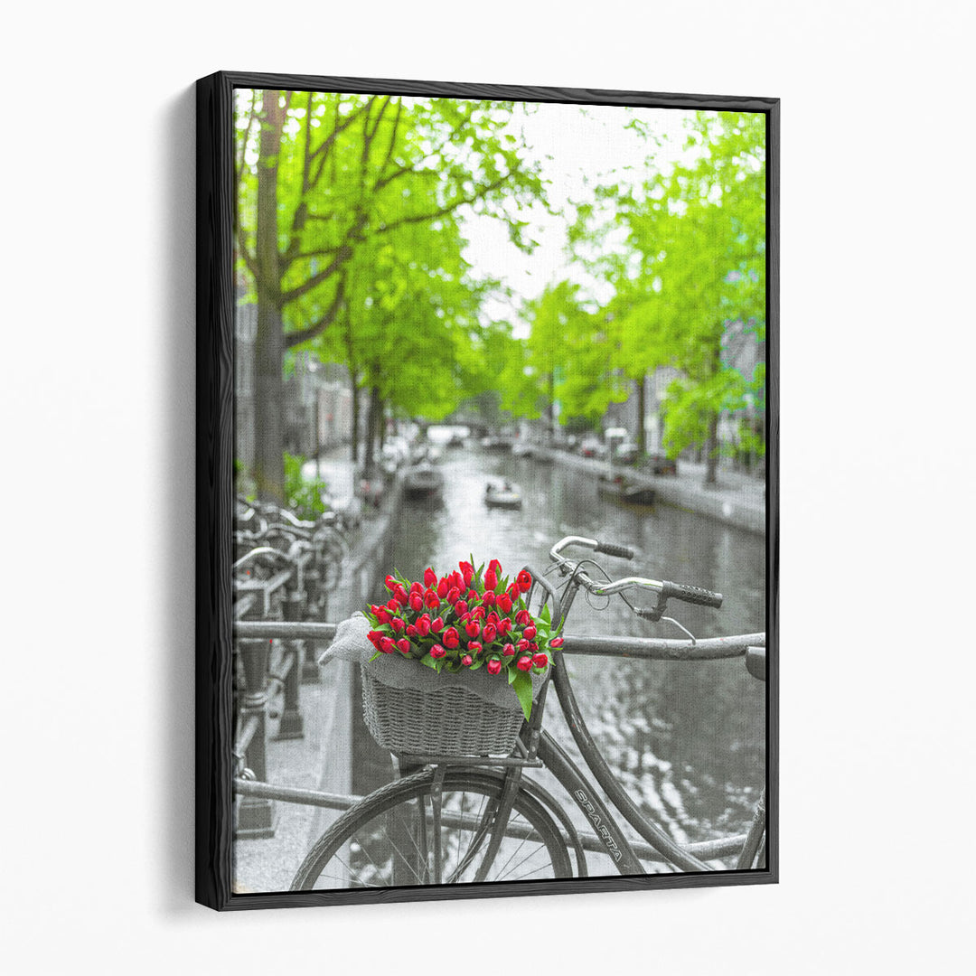 Bicycle With Bunch Of Flowers By The Canal, Amsterdam - Canvas Print Wall Art